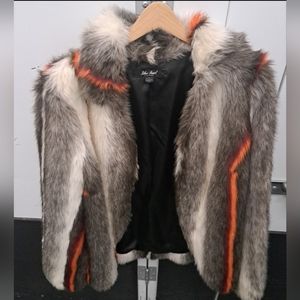 Blue Pearl by Allen Schwartz Vertical Stripe Faux Fur Jacket Size Large